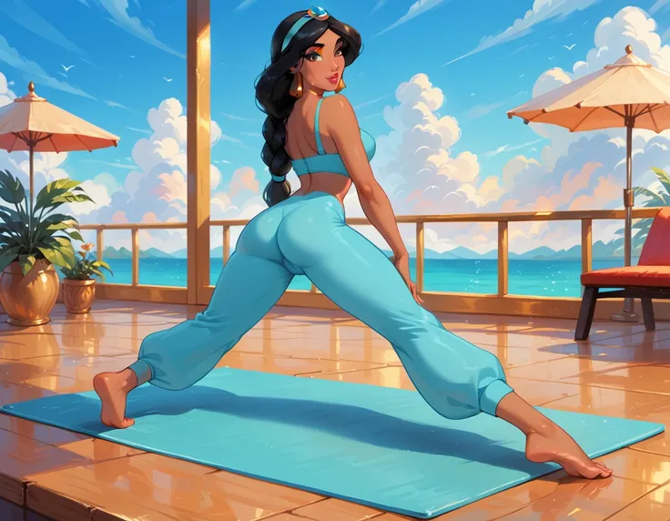 score_9, score_8_up, score_7_up, rating_questionable, epiCPhoto, 1girl, very sexy (Disneys Jasmine, ja_n, arabian woman, brown skin, black hair, brown eyes, thick braid, turquoise headband with sapphire, barefoot:1.1), beautiful waifu, yogapants, sky blue ...