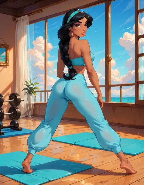 score_9, score_8_up, score_7_up, rating_questionable, epiCPhoto, 1girl, very sexy (Disneys Jasmine, ja_n, arabian woman, brown skin, black hair, brown eyes, thick braid, turquoise headband with sapphire, barefoot:1.1), beautiful waifu, yogapants, sky blue ...