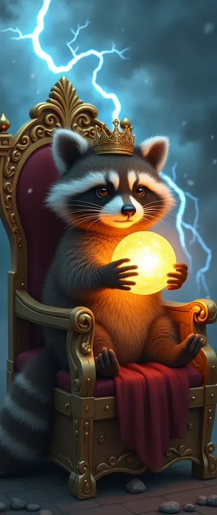 A photo of a fluffy baby raccoon sitting on a throne-like structure, holding a glowing orb in its paws. The raccoon is wearing a crown and has a regal expression. The throne is adorned with intricate golden designs. The backdrop is a stormy sky with lightn...