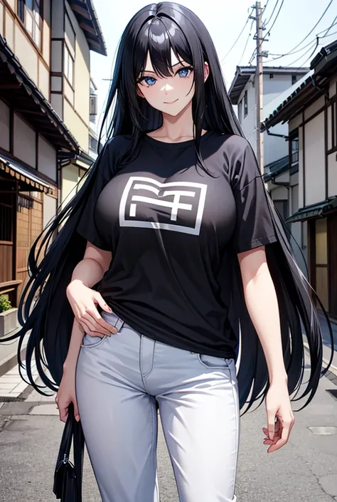 Black Haired Woman , Long, sleek hairstyle  , Blue eyes , Wear a comfortable black and white t-shirt.  , Big Breasts , Located in a residential area in Japan , Sly smile , Leaning against something 