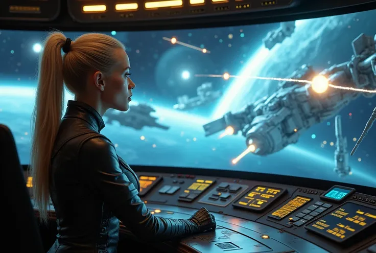 Epic Battle, The bridge of a space battleship, a sexy blonde female officer giving instructions to the fleet while watching a holographic projection of the battle situation, ((highest quality, Highest image quality, High resolution, photorealistic, Raw pho...