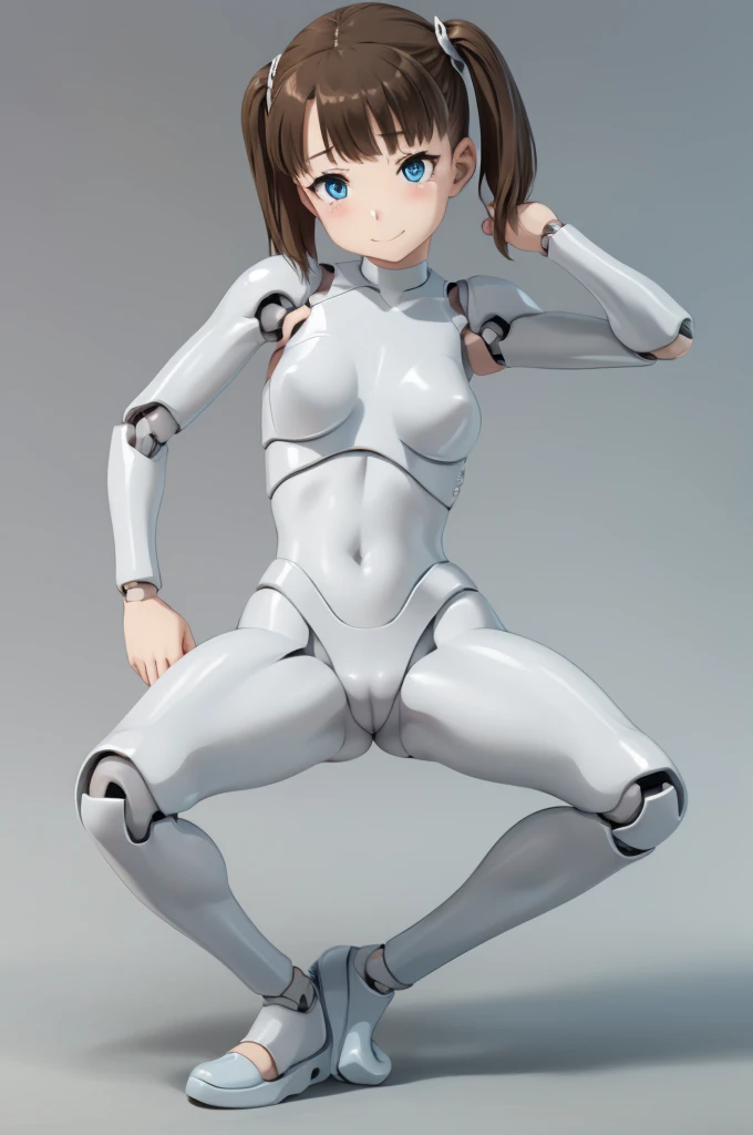 Translucent android, brown hair, She arches her back, frontal face. android with blue eyes. Her short brown pigtails are very short and tied with two big red clothespins, joint seam, black eyes, Translucent material full body figure, Height: 160cm, She wea...