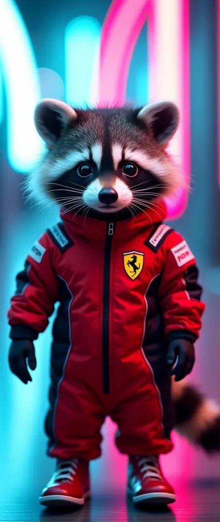 A captivating photograph of a cute, extra fluffy baby raccoon dressed in a vibrant red and black racing suit with the Ferrari logo and emblem. The raccoon is positioned amidst a neon-lit environment, surrounded by swirling blue and pink lights. The suit ap...