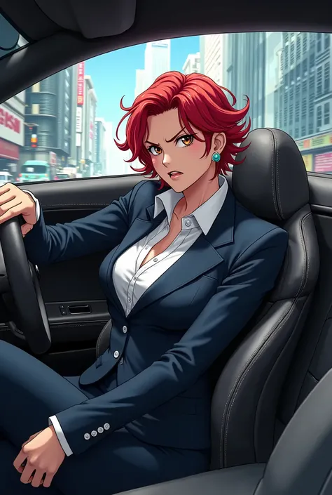 Akagami no Shanks genero opuesto, very pretty, short hair and redhead, very very busty angry expression while driving a luxury car in a businesswoman suit, anime style 