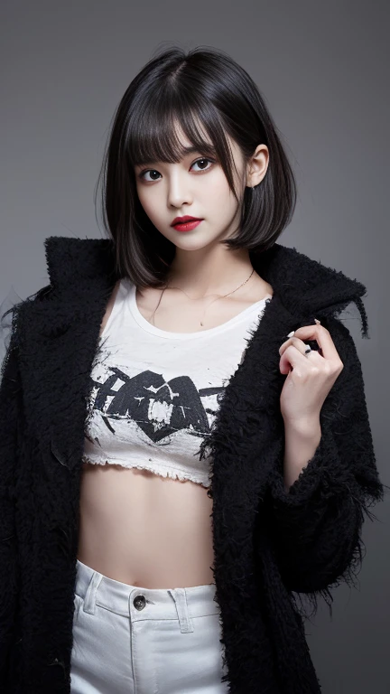 With bangs,Beautiful black hair,A woman with a straight bob cut,,,2 female,((())),Aspacarina,((shy expression)),,,Very beautiful eyes, ,(((Wearing a tattered black coat))),,(make:1.4),Big Eyes,Hip Hop Dancer,Gangster Style long pants,8k,High resolution,Gan...