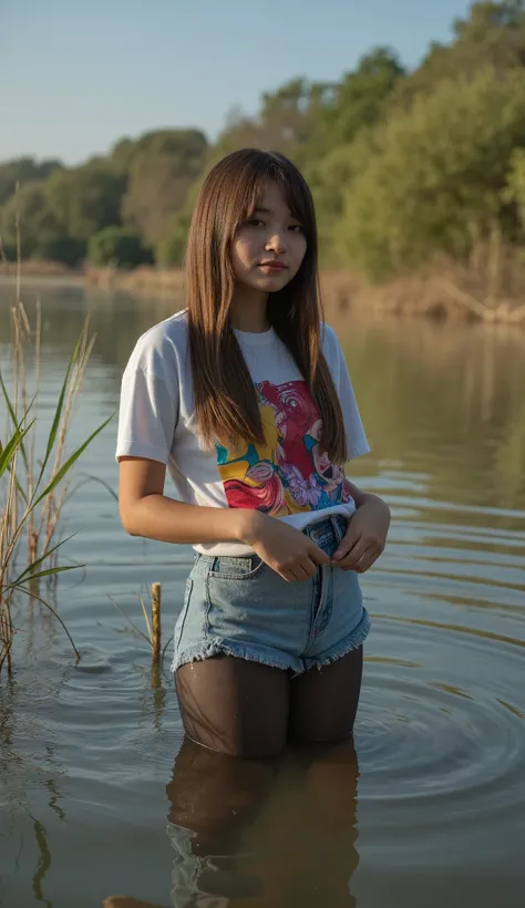 Girl in (fetish kinky black rubber stockings) and denim cutoff jeans and a colorful t-shirt stuck in the swamp