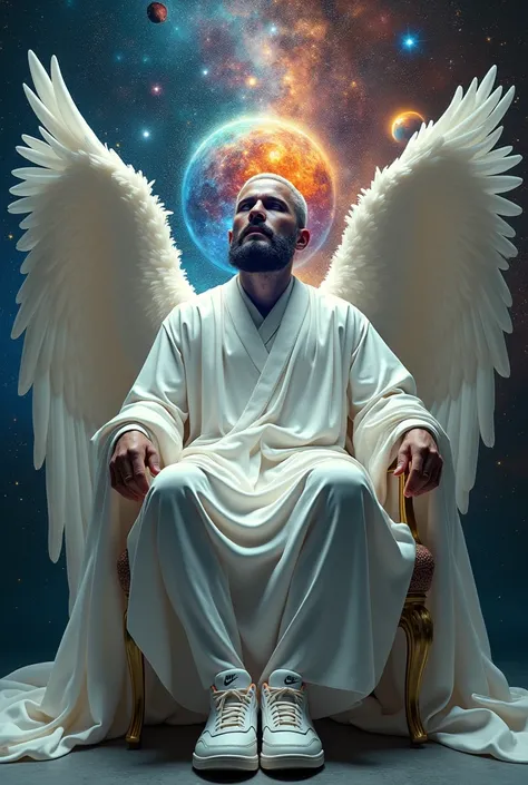 Sitting angel with four wings dressed in white man ,with some Nike brand sports shoes ,your face is not normal, It is a kind of galaxy where there are many planets and many colors. ,This angel is sitting in an extravagant position but shows tranquility.
Im...