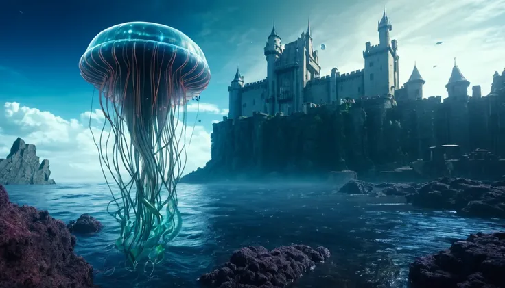 giant cyborg jellyfish with rising head. planetary landscape, castle background.