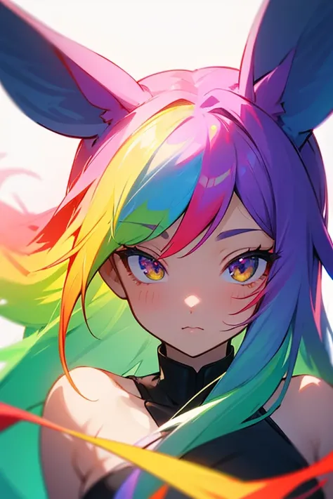 Horse Girl、Horse ears on head、Rainbow hair colour、Gradient hair texture、Long Hair、Right eye red、Left eye yellow、whole body、Cute expression、best quality,