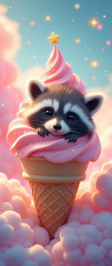 A photo of a fluffy baby raccoon nestled within a swirling, multi-colored ice cream cone. The raccoon has a gentle expression, with sparkling details on its ears and face. The background is a vivid blend of pink and blue clouds, giving the impression of a ...