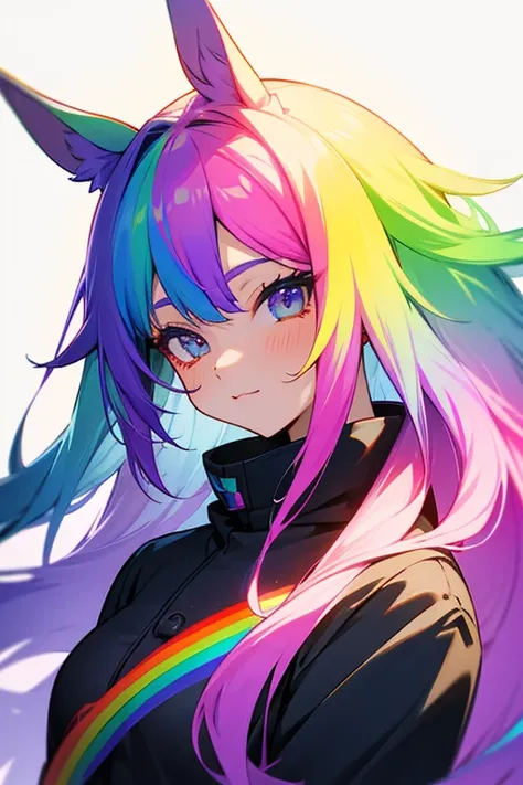 Horse Girl、Horse ears on head、Rainbow hair colour、Gradient hair texture、Long Hair、Rainbow Eyes、whole body、Cute expression、best quality,