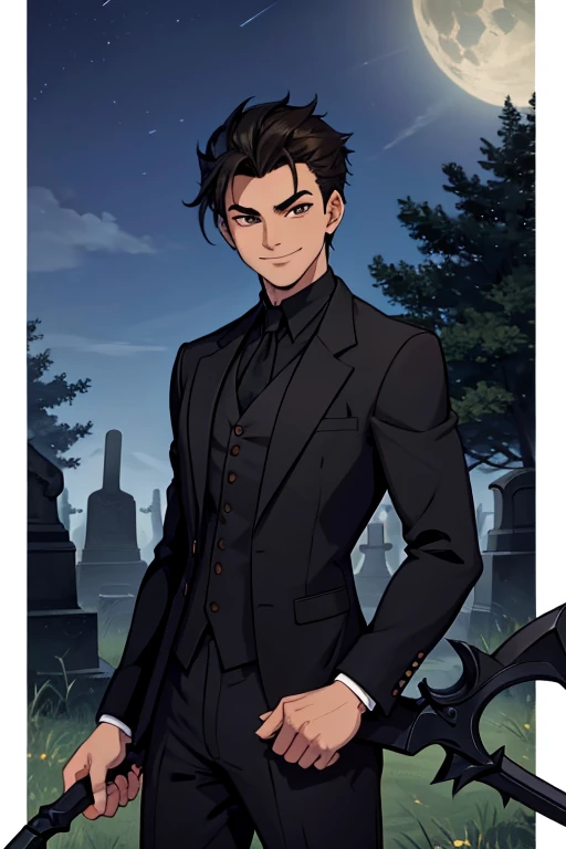 Perfect face. Perfect hands. A man with spiky black hair and brown eyes in a Gothic suit is spinning a scythe in the cemetery at night with a big smile.