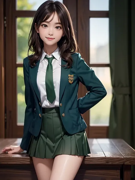 8k, Best Quality, The real picture, Intricate details, Very detailed, Ultra-high resolution, Depth Field, Tabletop, Full Body Shot, (1 girl), eye_Chan, so beautiful, innocent big eyes, Standing in a school classroom, ((Brown Hair)), ((Wavy, short, medium-l...