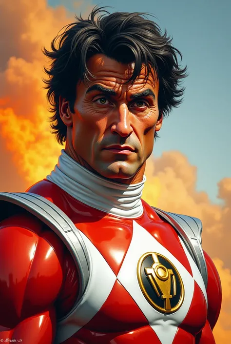 Make  realistic caricature of sylvester Stallone in power ranger outfit , 
