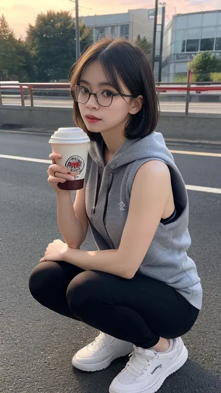 ((Small underbust,Tomboy,Small head)), (Defined Abs: 1.1), (Perfect body: 1.1), (Short Straight Hair: 1.2), Black Hair,Wearing glasses， Full body photo, Wear a white vest，A thin, sheer white hooded sweatshirt，Purple Gray Yoga Pants，White sneakers，（Extremel...