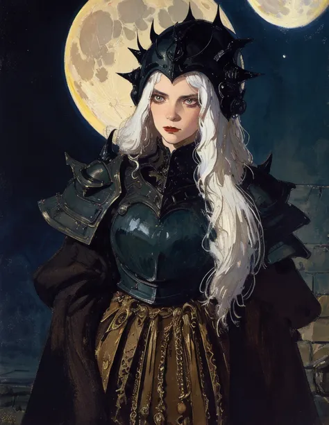 (best lighting) (best quality, masterpiece:1.2), (absurdres), 4k, (detailed eyes), (detailed face), a woman wearing obsidian medieval armour, long white hair flowing from under her helmet stands in front of a towering gothic castle, illuminated by a large ...