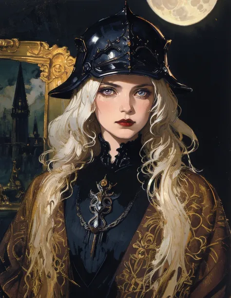 (best lighting) (best quality, masterpiece:1.2), (absurdres), 4k, (detailed eyes), (detailed face), a woman wearing obsidian medieval armour, long white hair flowing from under her helmet stands in front of a towering gothic castle, illuminated by a large ...