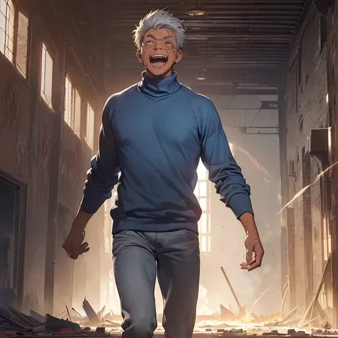 (master piece, best high quality image, HD, high resolution, best quality, high quality, horror and gore atwork, character standing alone, full body vew.
{{(1:character: a 50-years-old high school male proffessor:(tan skin. brown eyes. grey hair. laughing ...