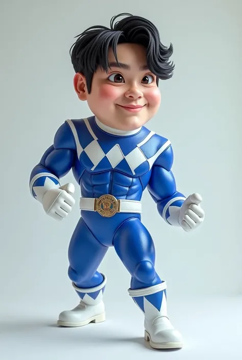 Make realistic  caricature of jungkook of BTS in blue power ranger outfit , white boot
