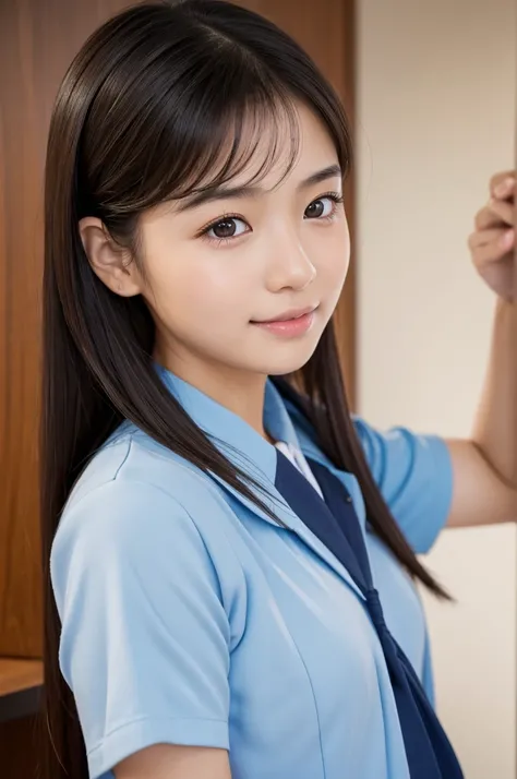 asian schoolgirl in uniform posing in front of a desk, wearing japanese school uniform, of a schoolgirl posing, japanese school uniform, japanese girl school uniform, cute schoolgirl, hyperrealistic schoolgirl, a hyperrealistic schoolgirl, school girl, you...