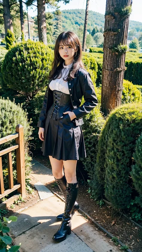 (8k、RAW Photos、Best Quality、masterpiece:1.2)、(Realistic、Realistic)、1 person、((dress、Check jacket、Medium Hair、corset、black long skirt、Thin legs、boots、View from the front、Looking into the camera、garden、Stand with hands on hips))、cute