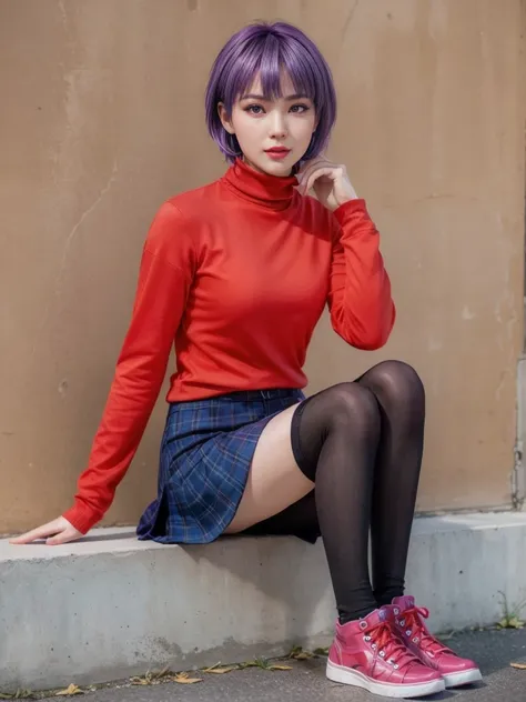 Ayane, purple hair, (best quality, ultra-detailed), (realistic:1.37), beautiful and detailed face, ultra-realistic texture, delicate face, delicate body, red lipstick, long-lasting colors. high definition, 8K. expression with a sexy look