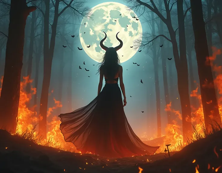 very beautiful woman demon laughs, beautiful long dress, stands in the middle of a burning forest, at night with a full moon and bats in the background, Bright colors