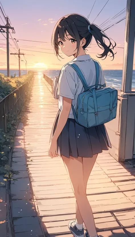 Light color、The sea is right next to the tracks，Line art,High resolution、Learn more、Side Ponytail,Black Hair,Student Uniform,Sunset Bank,Scenery on the way home from school,A grown-up girl looking back,Soft Light Effect