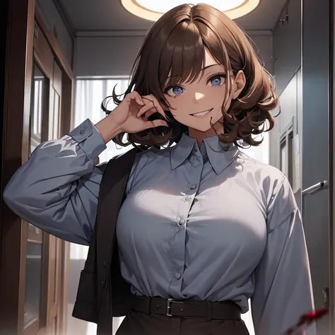 Masterpiece, best high quality image,HD, High quality, best quality, horror and gore, character alone.
{{(A 46-years-old light-brown hair principal woman:(fair skin. light-blue eyes. short-medium curly light-brown hair. sadistic smile. psychotic nature. bl...