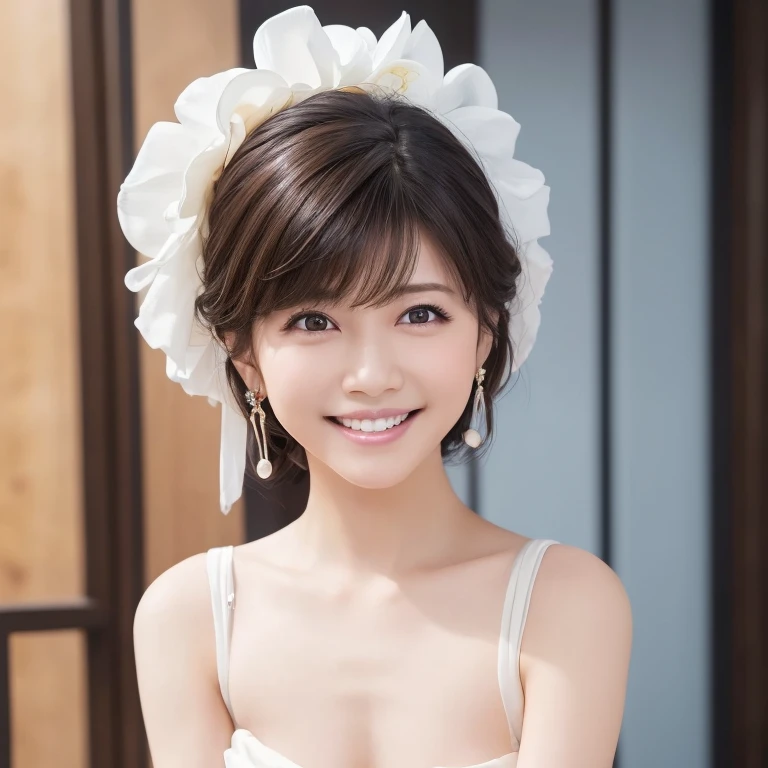 Dark brown short layered hair with bangs, Brown eyes, Soft aura. Wearing a white and ivory dress、Wearing a flowing skirt, Race details, and幸せな笑顔. She is wearing a bridal veil, Pearl Earrings, and、ring. (Best Quality, Ultra-high resolution, 8k, RAW Photos, ...