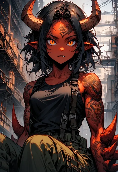 solo, female, oni girl, close up, deep crimson skin, two curved horns protruding from her forehead, orange eyes, slit pupils, short spiky black hair, lone fang, long claws, tattoos, broad shoulders, stocky build, muscular, tight-fitting black tank top, car...