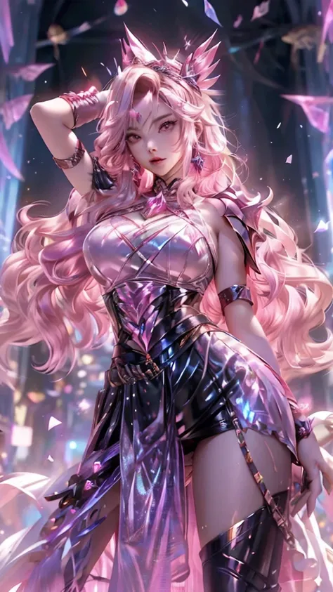 shining star,Japanese-style women,Long wavy hair with pink bangs,Armor headgear,Big breasts,clothing design,sexy dress,Armor bowl,belt,long sword,Handle,magic visual effects