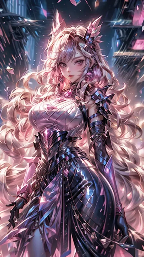 shining star,Japanese-style women,Long wavy hair with pink bangs,Armor headgear,Big breasts,clothing design,sexy dress,Armor bowl,belt,long sword,Handle,magic visual effects