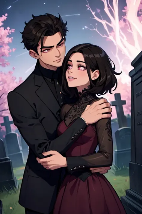 One man. One woman. Perfect faces. Perfect hands. A man with spiky black hair and brown eyes in a Gothic suit is kissing black haired woman with pink eyes in a leather dress in the cemetery at night with a big smile
