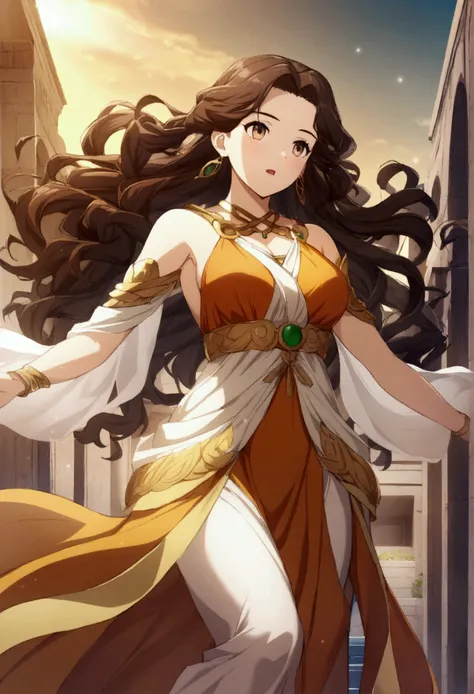 1 girl, dark brown hair, long wavy hair, light brown eyes, Greek clothing, Greek goddess of things, Demeter, Greek goddess clothing, CG