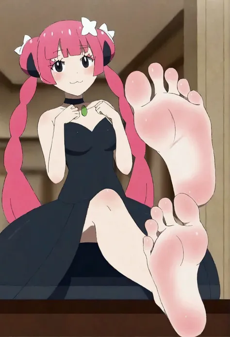 1girl, chloe cerise (pokemon), aomoro, depth of field, shiny skin, long hair, blush, foot focus, barefoot, feet, soles, toes, bare legs, presenting foot, best quality, amazing quality, very aesthetic, highres, incredibly absurdres