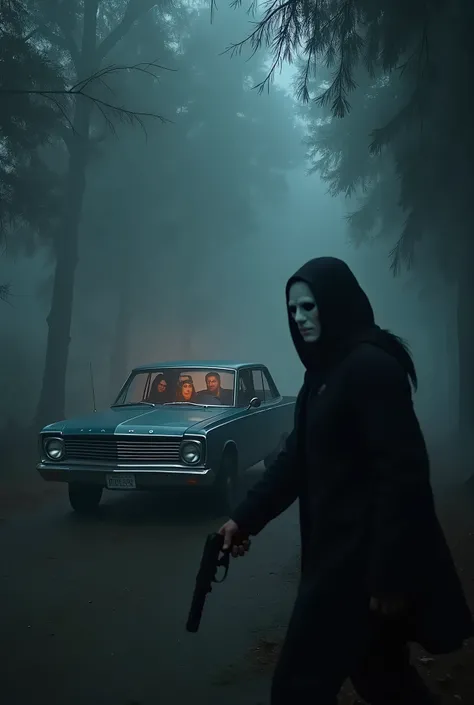 "A cold, foggy night in California, with a gloomy atmosphere. Show an old car, a 1960s model, parked in a secluded spot, surrounded by dense trees. Inside the car, a panicked couple: a woman with dark hair and a man with a look of terror. A masked woman, d...