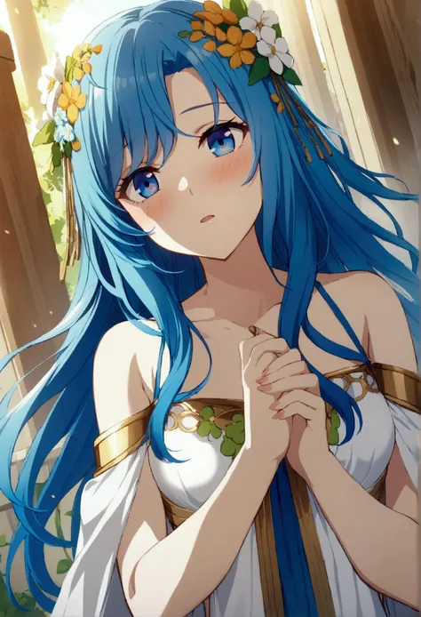 1 girl, blue hair, long hair, blue eyes, Greek clothing, Greek goddess of spring, Persephone, Greek goddess clothing, CG