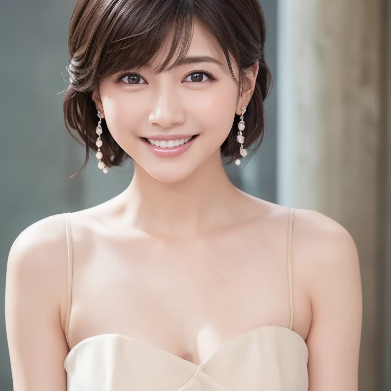 dark brown short layered hair with bangs, brown eyes, soft aura. wearing a white and ivory dress、wearing a flowing skirt, race d...