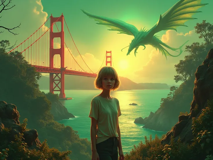 A young woman with short honey-blonde hair and bangs, standing in front of the iconic Golden Gate Bridge at sunset, a green dragon soaring above the scene, in the style of Thomas Kinkade, trending on Artstation, Unreal Engine, CGSociety, and the Hudson Riv...