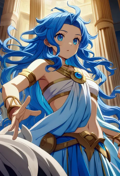 1chicp, blue hair, long messy hair, blue eyes, Greek clothes, Greek god of the seas, Poseidon, Greek god clothes, CG