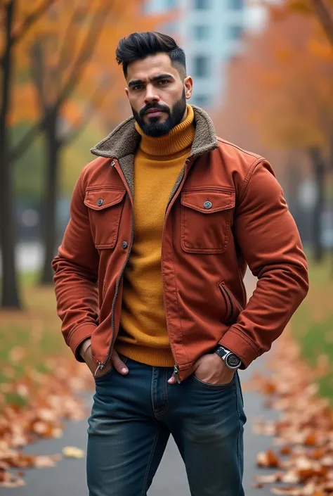 Handsome man, sleeveless t-shirt, Manly and sexy in casual clothes, with a modern, Vibrant winter sweater in fashion., strong and muscular legs, large lump, Ultra realistic 8k masterpiece detailed with great detail the autumn park. , close up , bodybuilder...