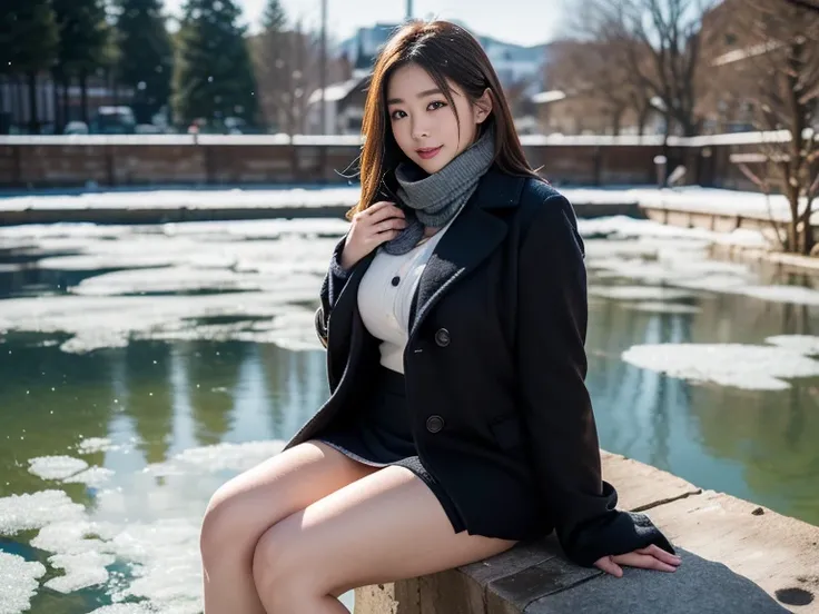 ((Best Quality)), ((masterpiece)), (detailed), (((Skin with visible pores))), (a Japanese beautiful woman, 150cm, 60kg, plump), (wearing slim pea coat, mini skirt and scarf), (unbutton:1.3), (sitting on frozen lake), (glamorous, plump thighs:1.2), (natural...