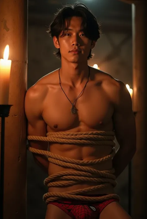 (((muscular man, shirtless))), (((handsome Chinese teenager model))), (((sixpack abs, muscular biceps and triceps))), (((young, muscular, fit, male))), (((muscular sixpack))), (((tied up completely with rope)))), (((rope tied around chest)))), (((body tied...