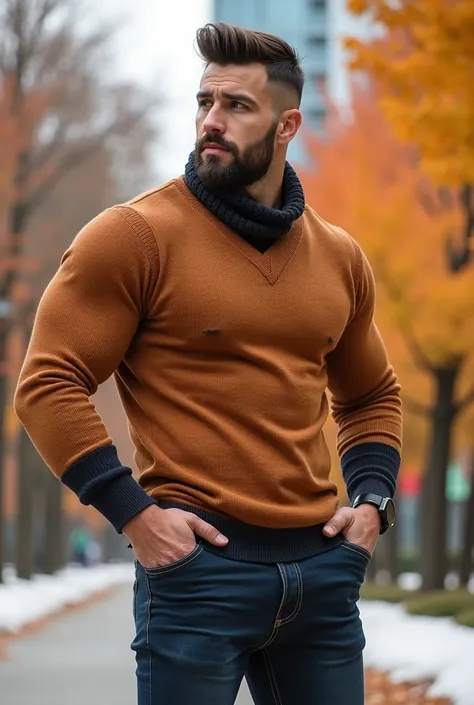 Handsome man, sleeveless t-shirt, Manly and sexy in casual clothes, with a modern, Vibrant winter sweater in fashion., strong and muscular legs, large lump, Ultra realistic 8k masterpiece detailed with great detail the autumn park. , close up , bodybuilder...