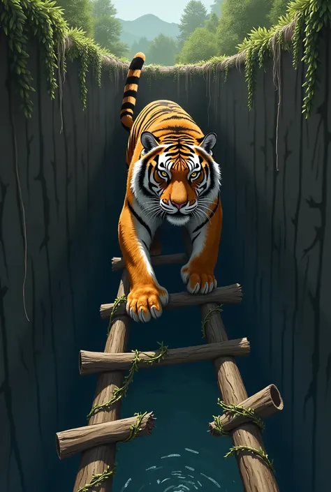 Create an illustration of a tiger trapped at the bottom of a well that is trying to get out with a ladder made of logs and vines, but the second step breaks 