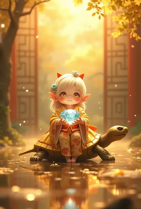 Sitting on the golden turtle shell、Full body front view、Asian、The skin is relatively white、A cute  child is wearing a Japanese kimono、The background is a Japanese-style room、Jewelry decoration、Holding a large diamond in both hands。smile, 