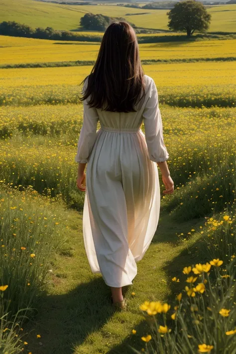 brunette woman walking backwards in a field of flowers