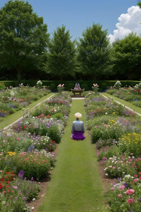 person praying in a very beautiful garden with lots of flowers in the field