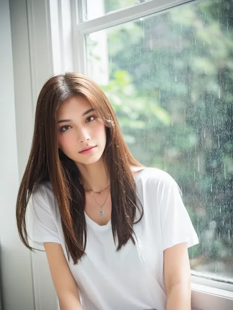 A beautiful women looking outside of the windows ,in raining day, raining seasons, missing to someone, wear white t-shirt ,slimfit t-shirts, wear a tiny necklaces, wear little bracelet,wide angle photography, cool tone,Lonely, Sad, Blush, Long Hair, Brown ...